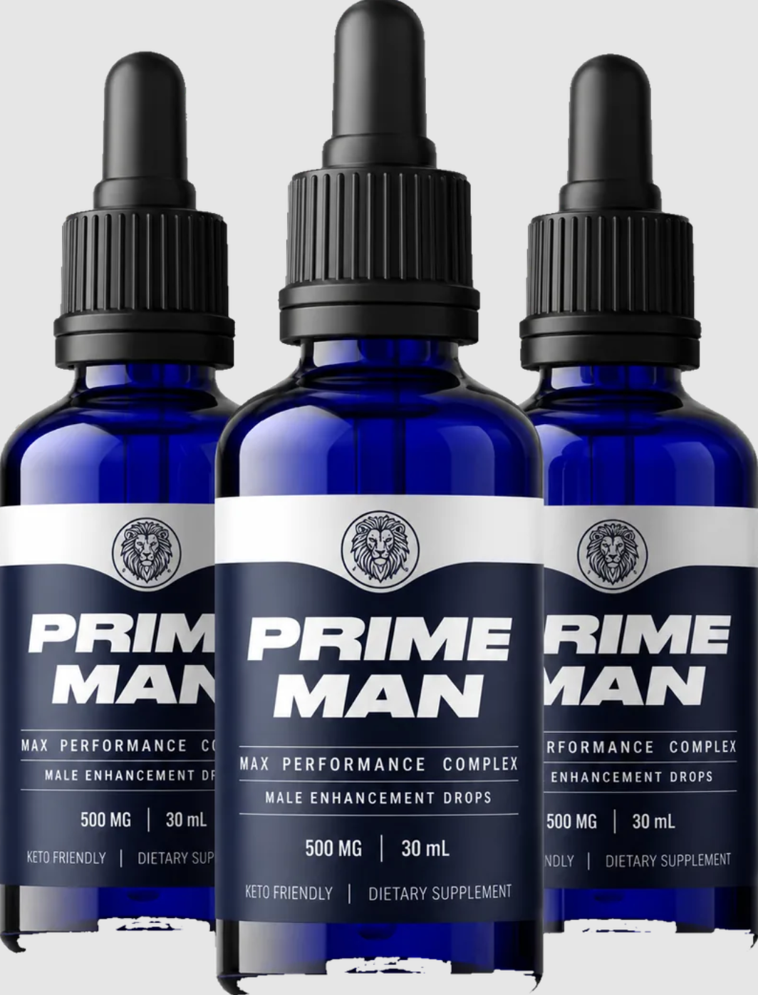 Three PRIME MAN Drops 500 mg 30 mL blue glass dropper bottles sold in Australia