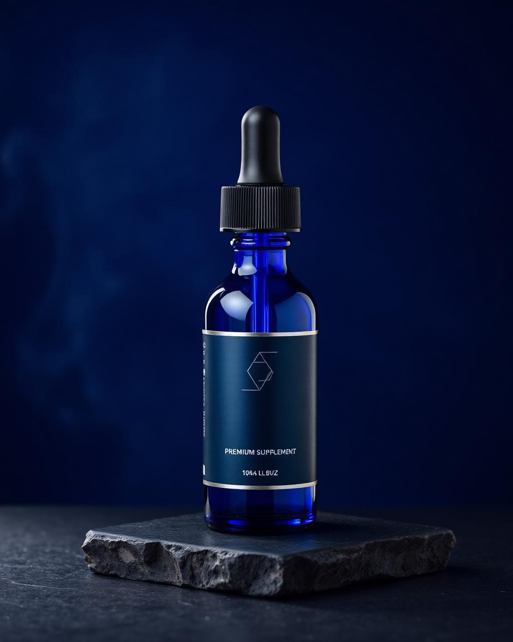 PRIME MAN Drops style 30 mL blue glass dropper bottle on dark slate, Australia