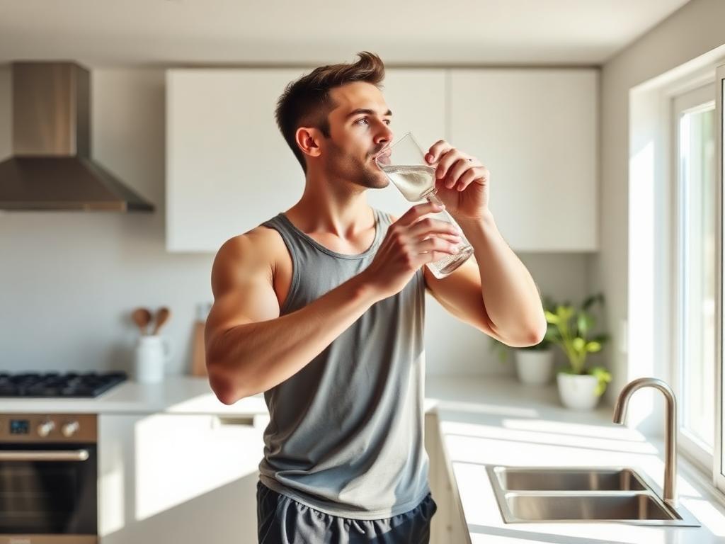 Australian man taking his morning routine supplement with water in a bright kitchen